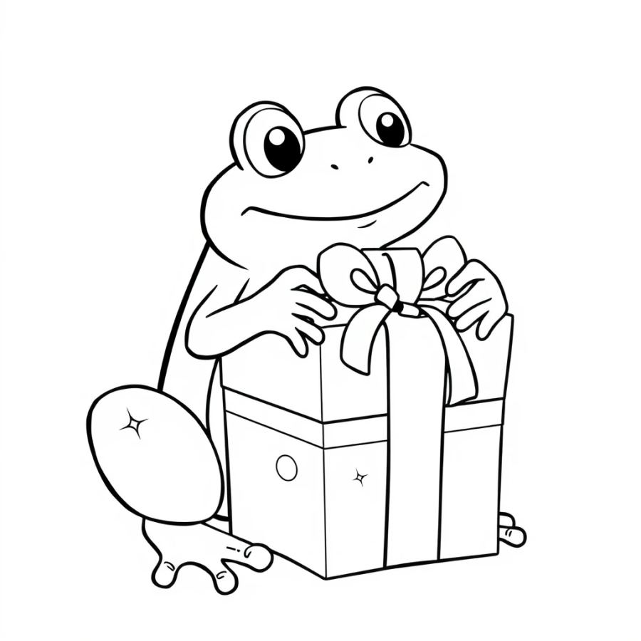 Cute Frog Opening a Birthday Present Coloring Page