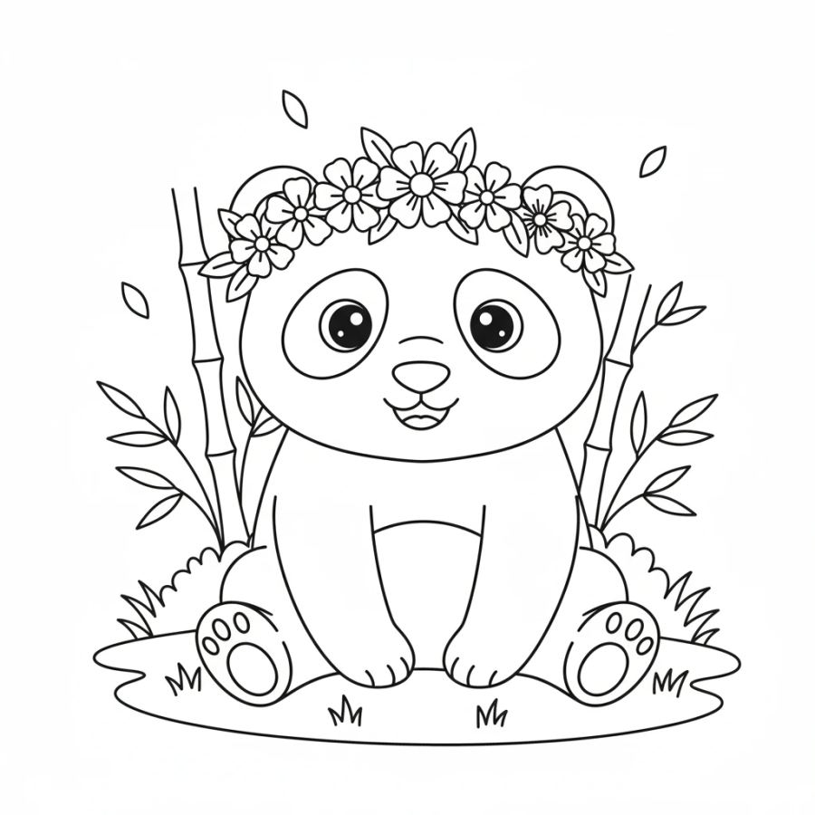 Panda Sitting With A Flower Crown Coloring Page