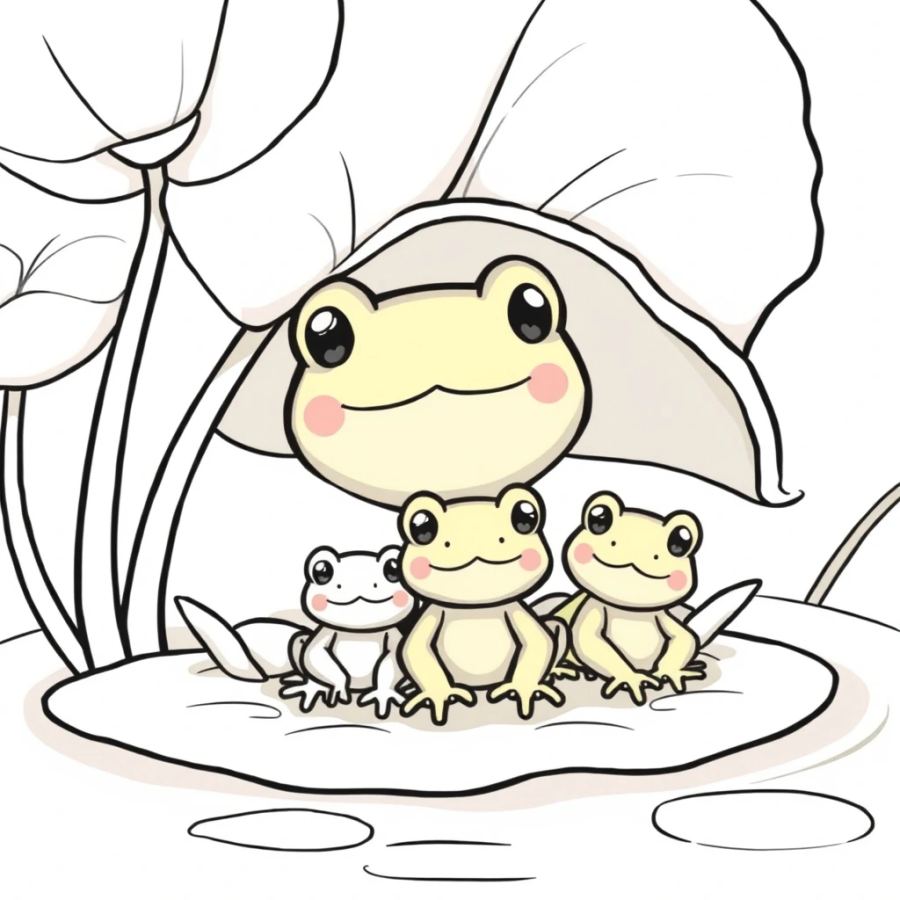 Adorable Baby Frog Family under Lotus Leaf Coloring Page