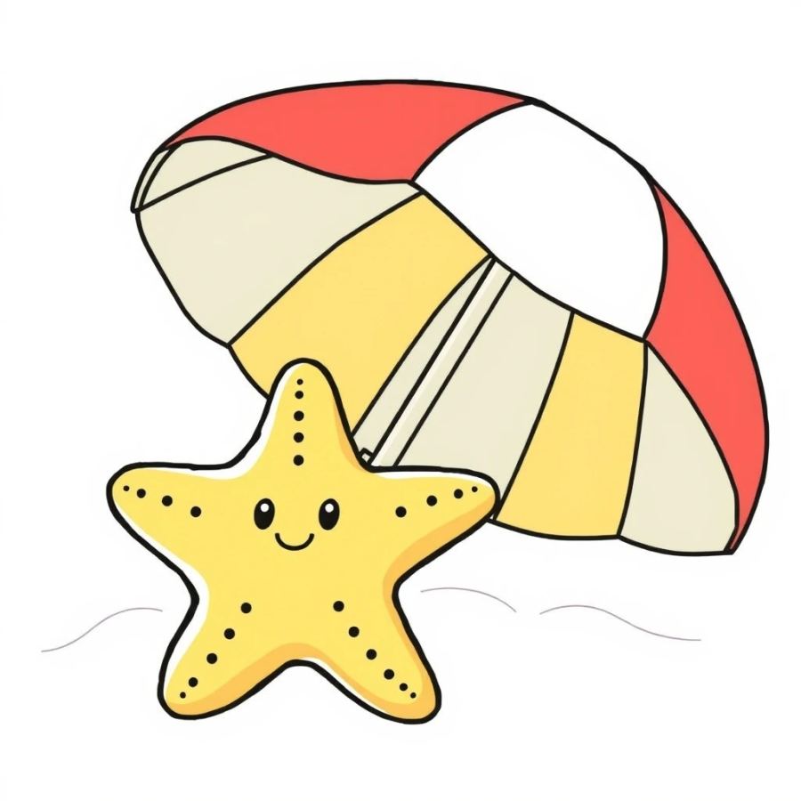 Starfish Resting Next To A Colorful Striped Beach Umbrella Coloring Page