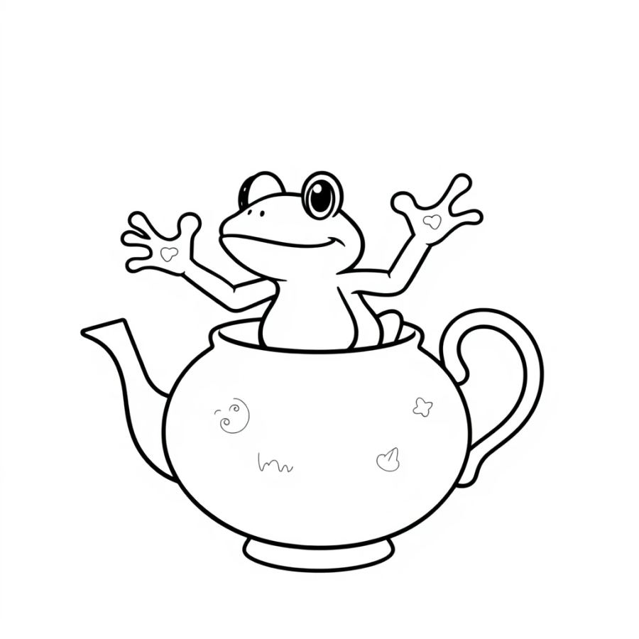 Magical Genie Frog in a Teapot Coloring Page