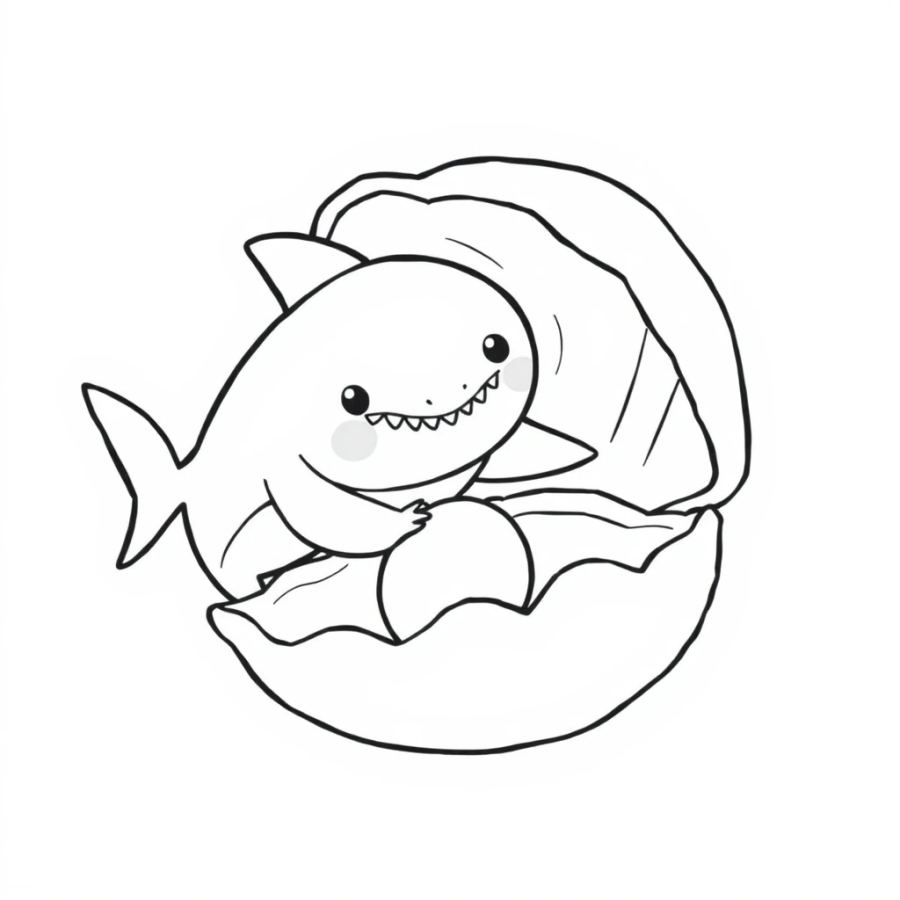 Shark Finding A Shiny Pearl Inside A Giant Clam Coloring Page