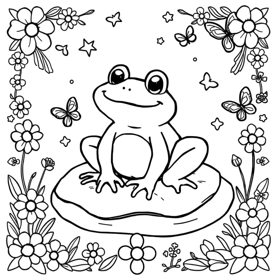 Happy Little Frog on a Lily Pad Coloring Page