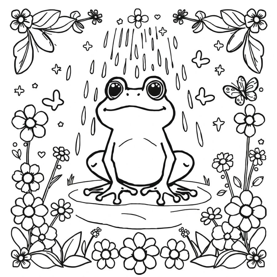 Happy Rain Shower Frog Coloring Page