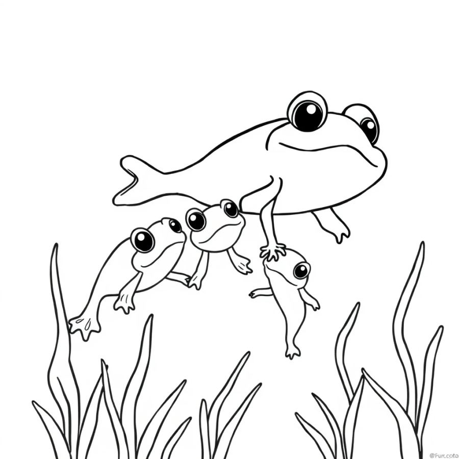 Cute Tadpoles Swimming with Mom Frog Coloring Page