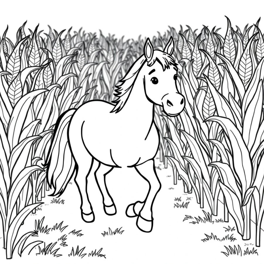 Horse Walking Through A Tall Cornfield Maze Coloring Page