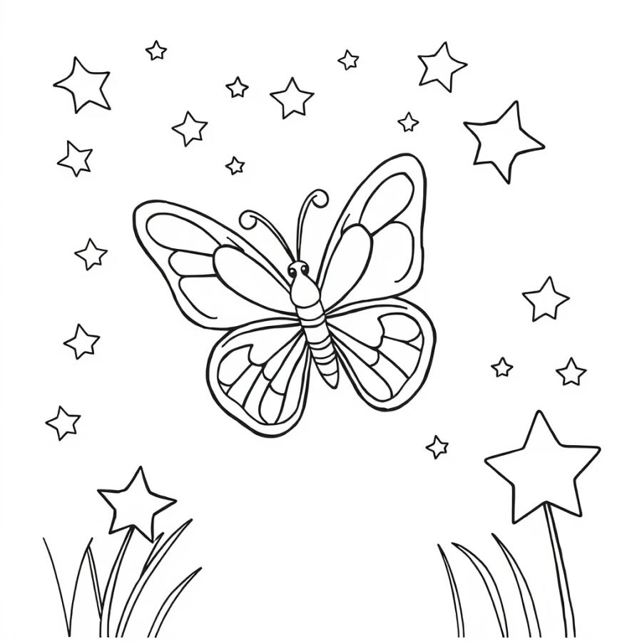 Butterfly Dodging Shooting Stars Coloring Page