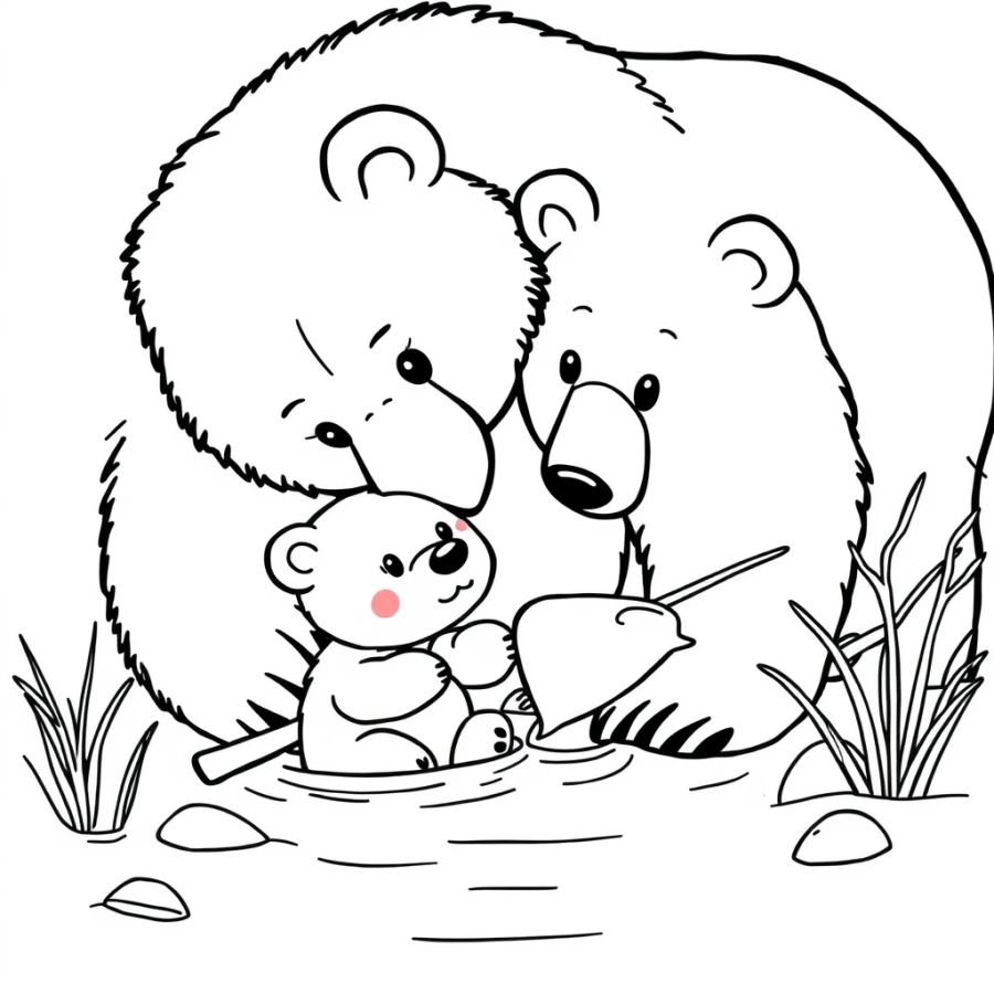 Mother Grizzly Teaching Cub to Fish Coloring Page