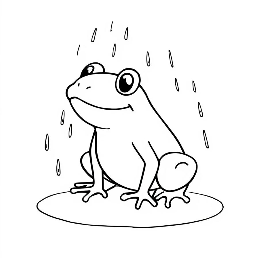 Cute Frog in a Rain Shower Coloring Page