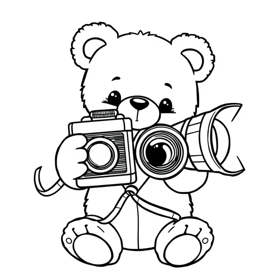 Cute Photographer Teddy Bear with Vintage Camera Coloring Page