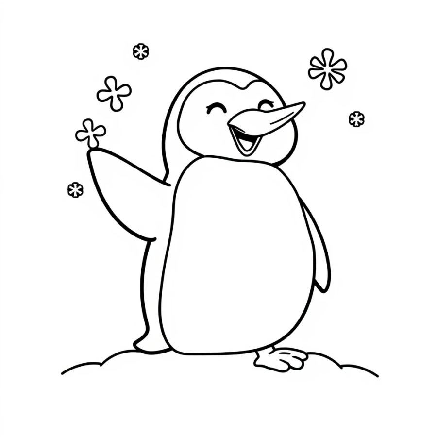 Penguin Catching Snowflakes Coloring Page