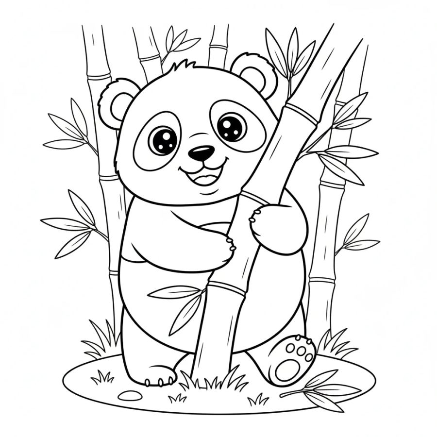 Panda Standing And Hugging A Bamboo Coloring Page