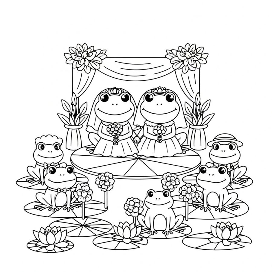 Whimsical Frog Wedding Coloring Page