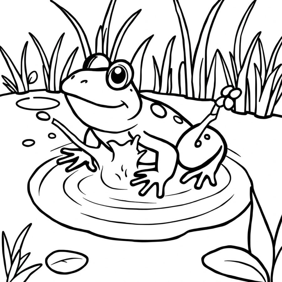 Happy Frog Splashing in the Pond Coloring Page